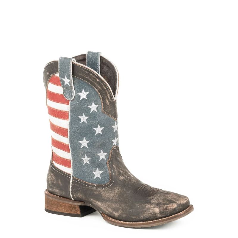 ROPER BOOTS MENS AMERICAN FLAG BOOT WITH DISTRESSED BROWN LEATHER-BROWN