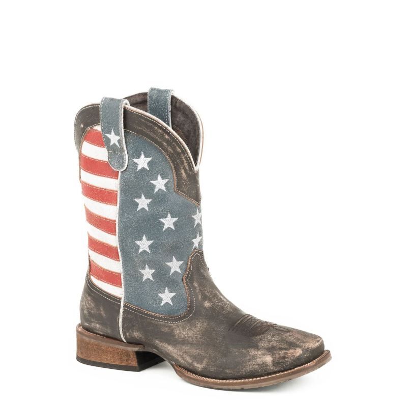 ROPER BOOTS MENS AMERICAN FLAG BOOT WITH DISTRESSED BROWN LEATHER-BROWN - Click Image to Close