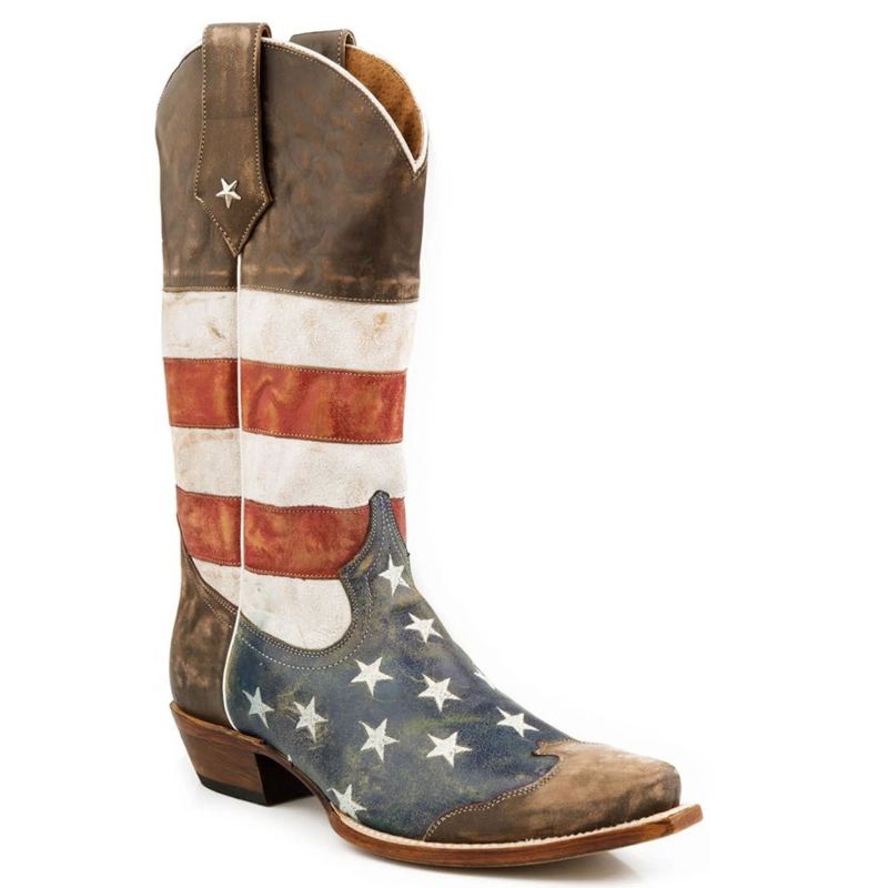 ROPER BOOTS MENS LEATHER COWBOY BOOT AMERICAN FLAG DISTRESSED BROWN WITH RED WHITE AND BLUE SNIP-BRO - Click Image to Close