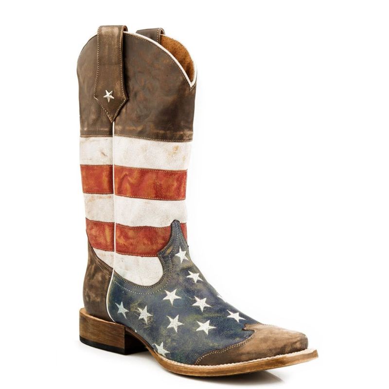 ROPER BOOTS MENS LEATHER COWBOY BOOT AMERICAN FLAG DISTRESSED BROWN WITH RED WHITE AND BLUE SQUARE-B - Click Image to Close