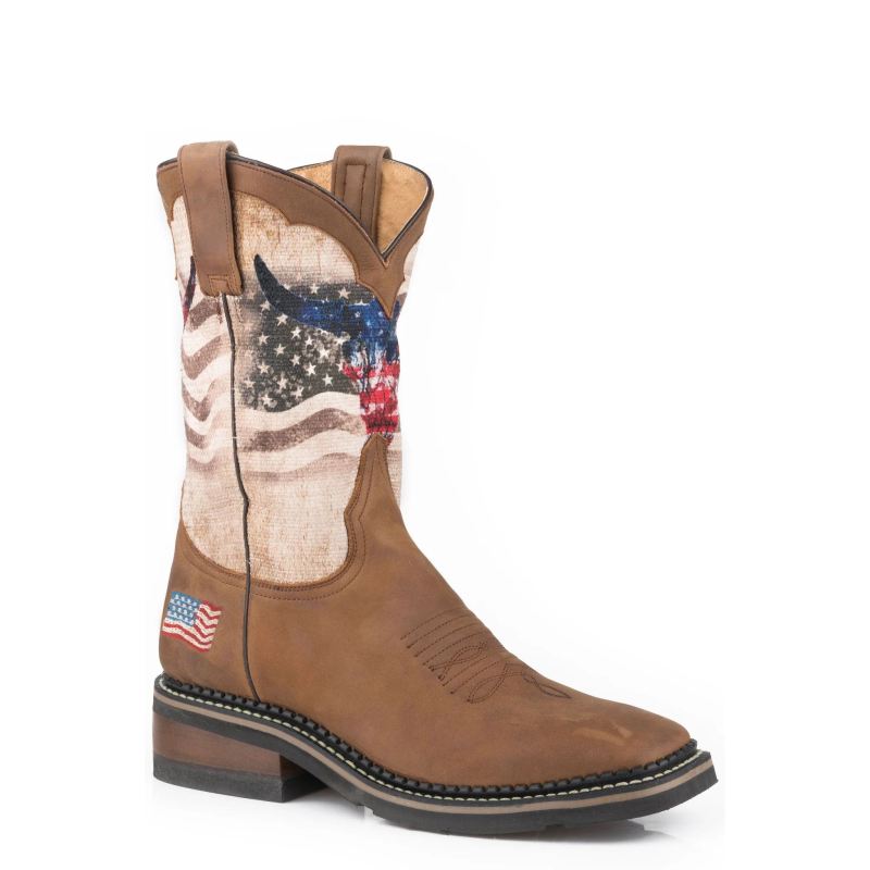 ROPER BOOTS MENS OILED BROWN LEATHER VAMP AND CROWN SQUARE TOE BOOT WITH AMERICAN FLAG SKULL PRINT O