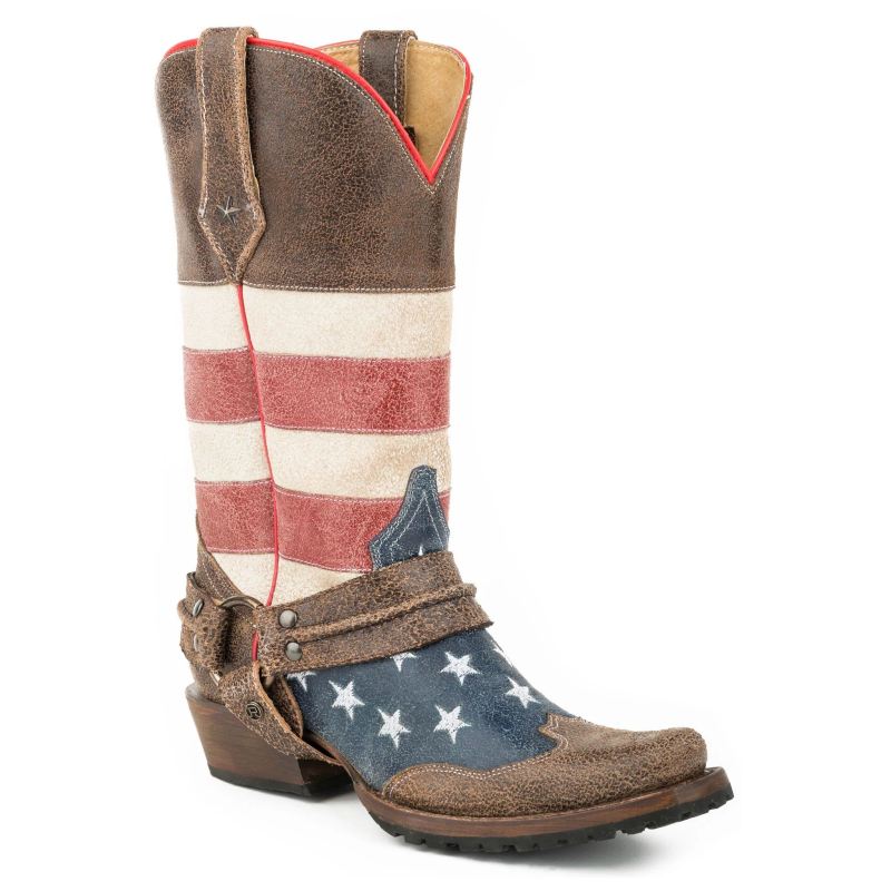 ROPER BOOTS MENS LEATHER AMERICAN FLAG HARNESS BOOT UNIQUELY DISTRESSED LEATHER WITH LUG SOLE-BROWN