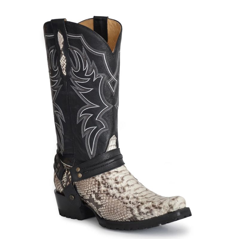 ROPER BOOTS MENS NATURAL WHITE PYTHON VAMP BANDIT TOE BOOT WITH BLACK SHAFT-WHITE - Click Image to Close