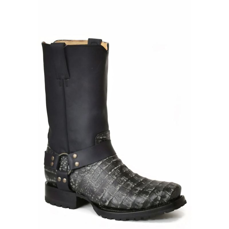 ROPER BOOTS MENS VINTAGE BLACK EMBOSSED CAIMAN VAMP BIKER TOE WITH HARNESS-BROWN