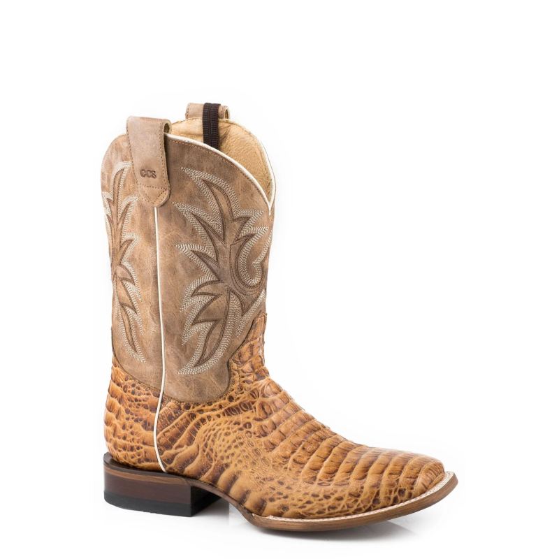 ROPER BOOTS MENS EMBOSSED TAN CAIMAN VAMP SQUARE TOE BOOT WITH BURNISHED TAN LEATHER SHAFT-CONCEALED
