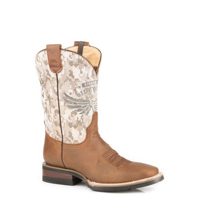 ROPER BOOTS MENS BURNISHED TAN LEATHER VAMP SQUARE TOE BOOTH WITH CAMO PRINT ON SHAFT-CONCEALED CARR