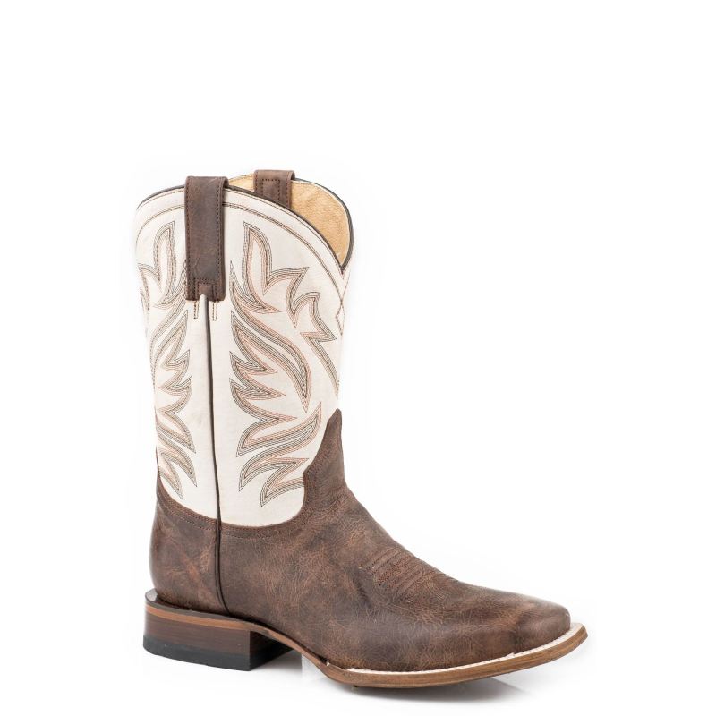 ROPER BOOTS MENS BURNISHED BROWN LEATHER VAMP SQUARE TOE BOOT WITH CRACKLE WHITE LEATHER SHAFT-BROWN