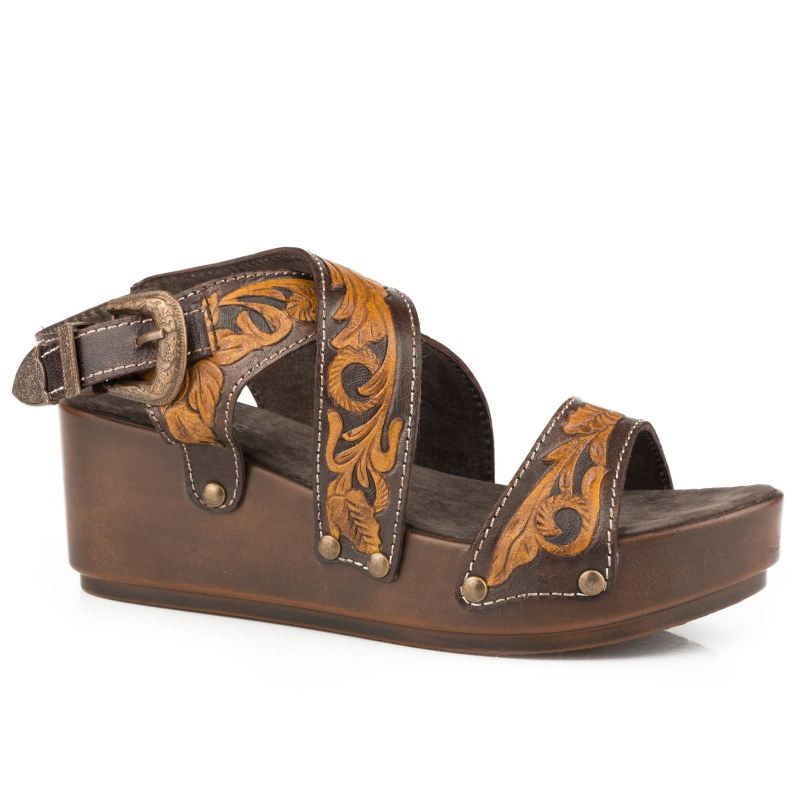 ROPER BOOTS WOMENS BROWN TAN TOOLED CROSS BAND STRAP WEDGE SANDAL-BROWN