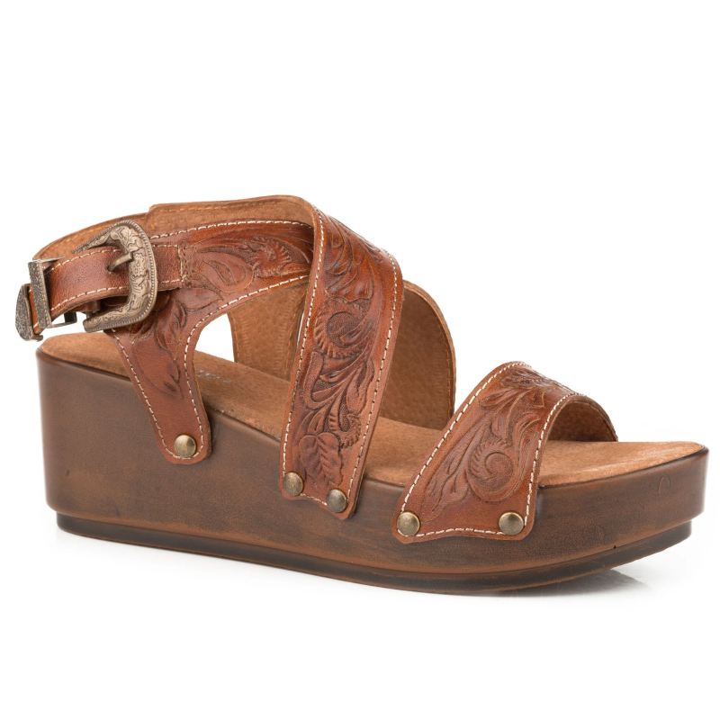 ROPER BOOTS WOMENS TAN TOOLED CROSS BAND STRAP WEDGE SANDAL-TAN