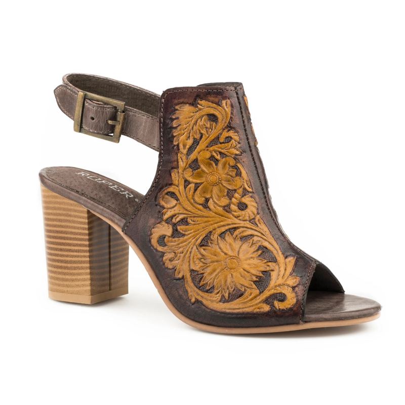 ROPER BOOTS WOMENS FASHION MULE BROWN FLORAL TOOLED LEATHER WITH OPEN TOE AND BACK STRAP-BROWN