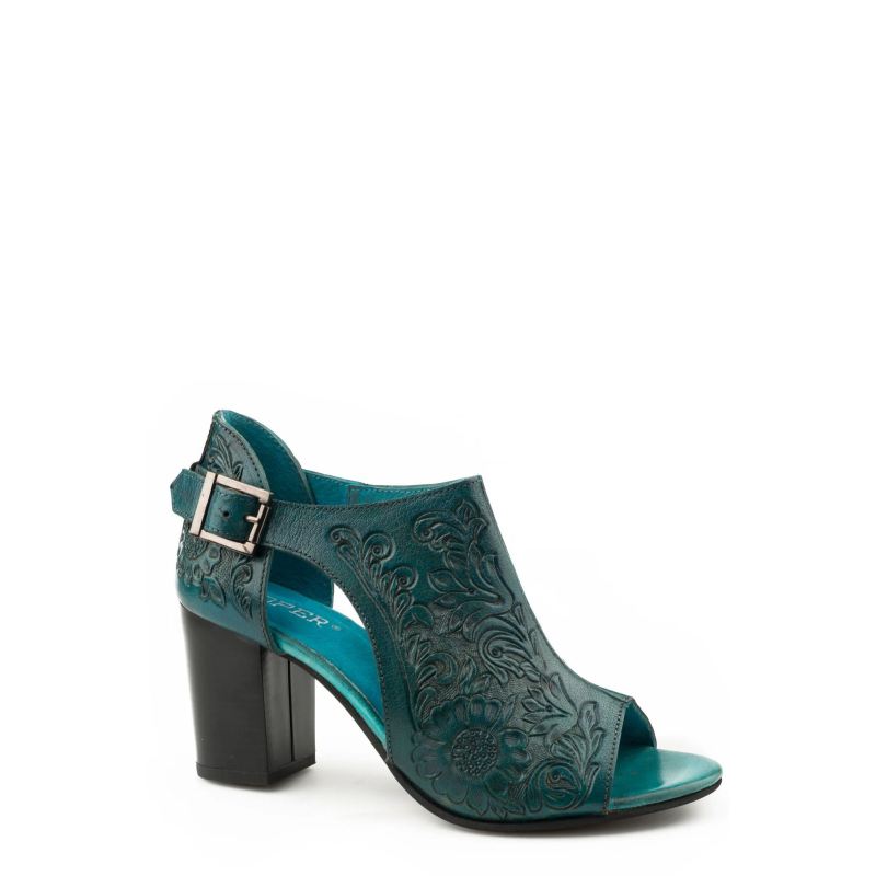 ROPER BOOTS WOMENS BURNISHED TURQUOISE FLORAL TOOLED LEATHER-BLUE - Click Image to Close