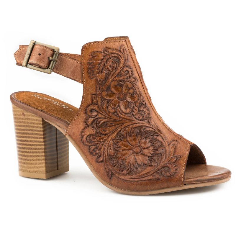 ROPER BOOTS WOMENS FASHION MULE TAN FLORAL TOOLED LEATHER WITH OPEN TOE AND BACK STRAP-TAN