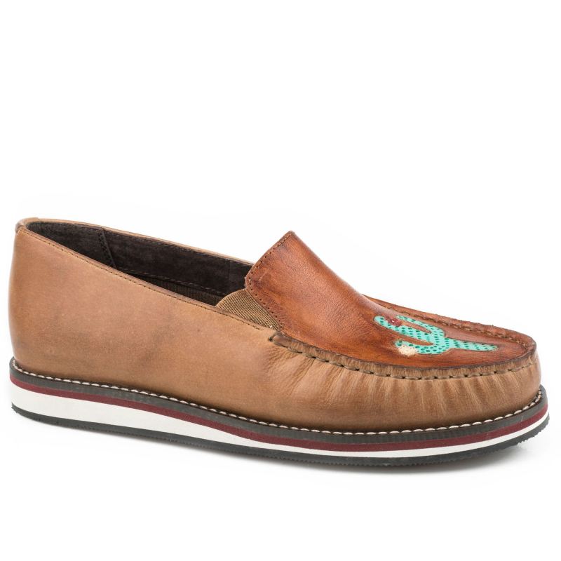 ROPER BOOTS WOMENS SLIP ON MOCCASIN TAN BURNISHED LEATHER WITH HANDTOOLED CACTUS VAMP-TAN