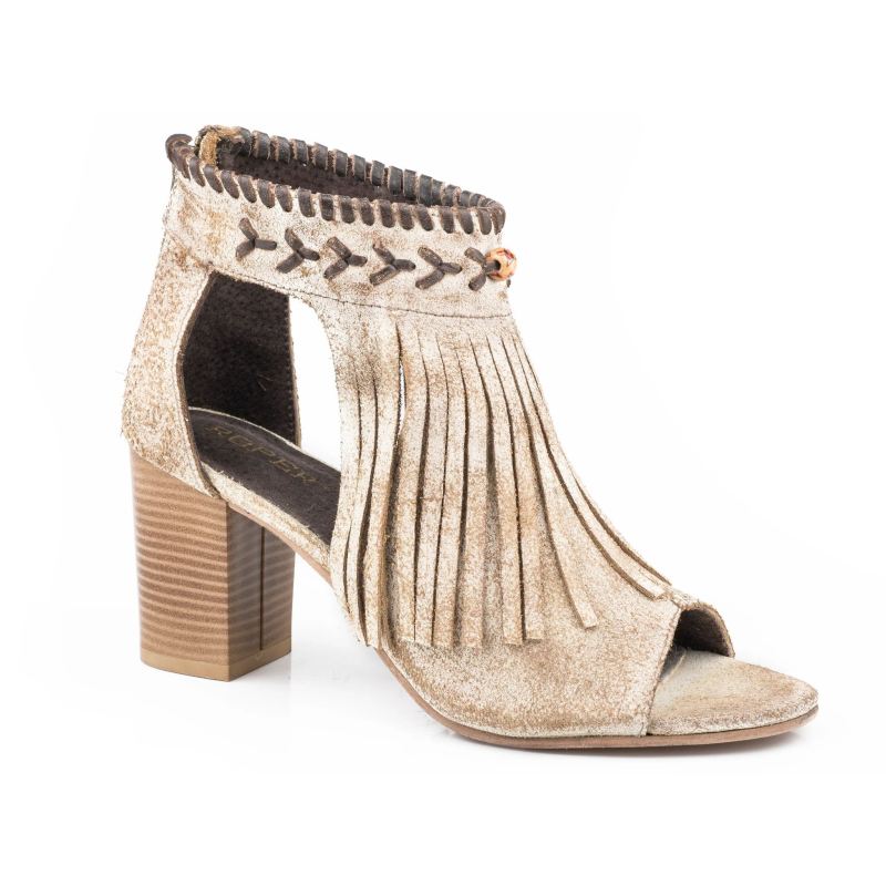 ROPER BOOTS WOMENS VINTAGE BEIGE SUEDE WITH FRINGE FASHION OPEN TOE SANDAL-TAN