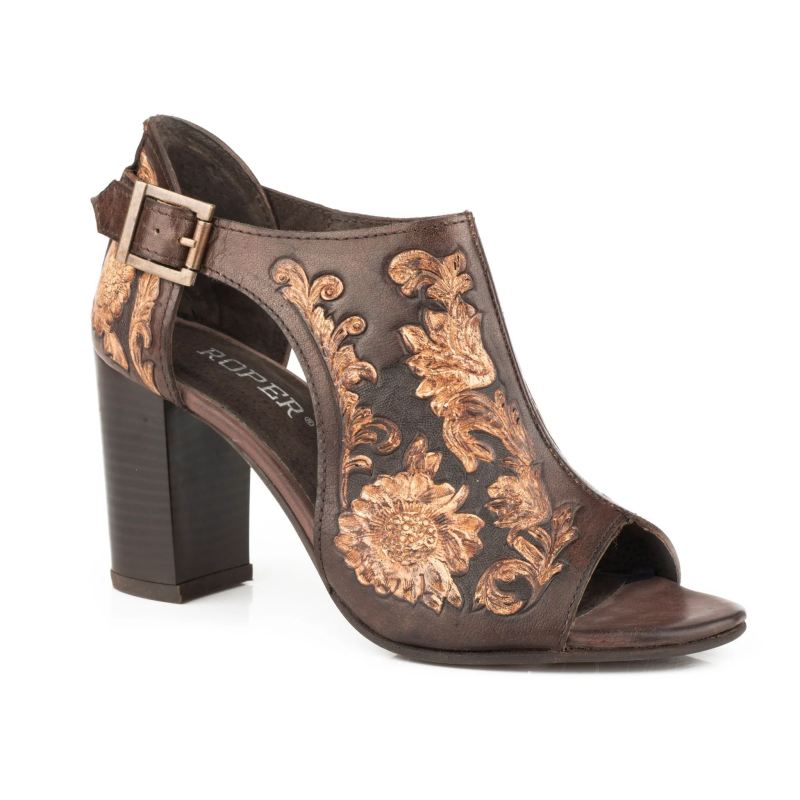 ROPER BOOTS WOMENS BROWN BEIGE FLORAL TOOLED LEATHER FASHION OPEN TOE SANDAL-BROWN