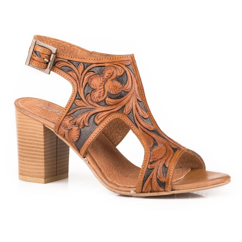 ROPER BOOTS WOMENS TAN FLORAL TOOLED LEATHER FASHION OPEN TOE SANDAL-TAN