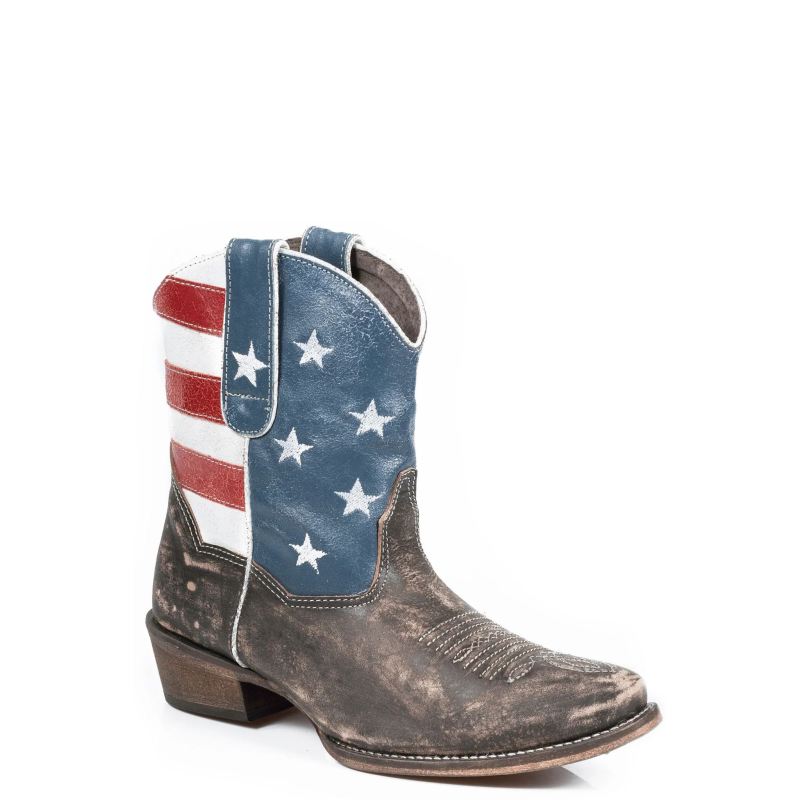 ROPER BOOTS WOMENS LEATHER ANKLE BOOT AMERICAN FLAG WITH DISTRESSED BROWN VAMP-BROWN