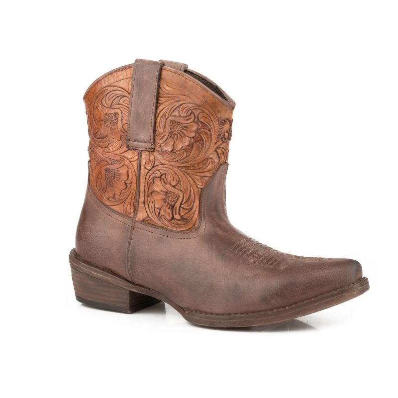 ROPER BOOTS WOMENS BROWN VAMP WITH TOOLED SHAFT LEATHER SHORTY-BROWN