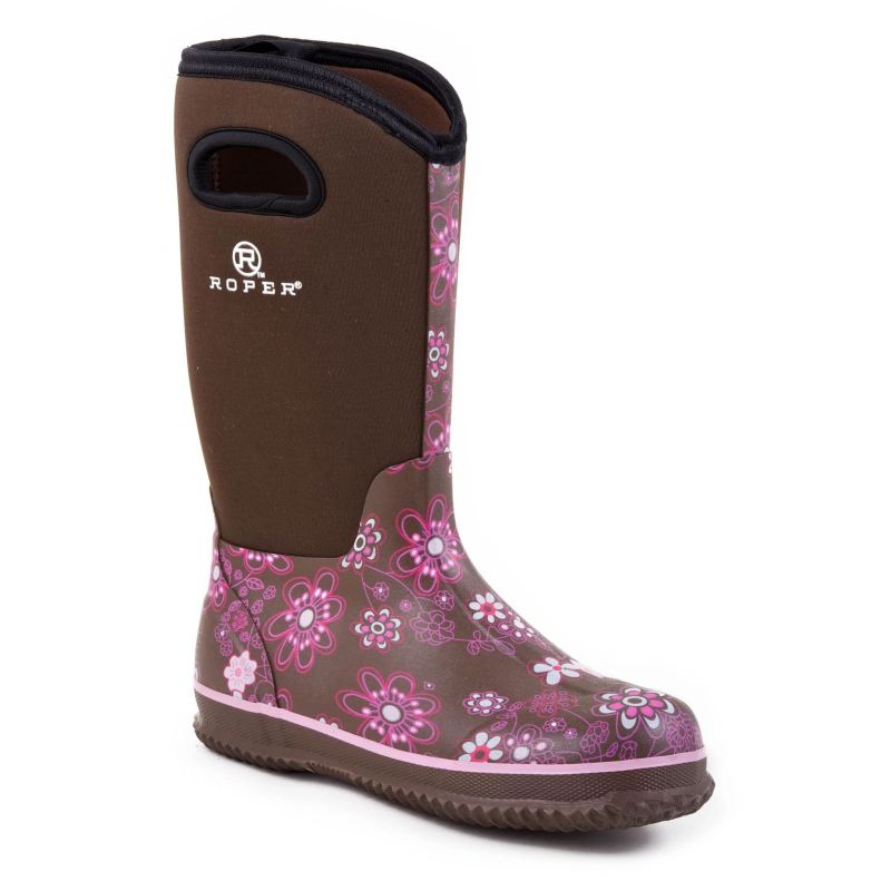 ROPER BOOTS WOMENS BARN BOOT FLORAL PRINT WITH BROWN NEOPRENE UPPER-BROWN