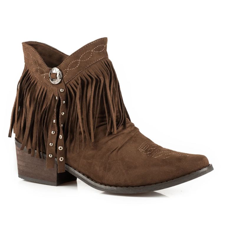 ROPER BOOTS WOMENS FASHION SHORTY BOOT BROWN SUEDE FAUX LEATHER WITH FRINGE AND CONCHO STUDS-BROWN