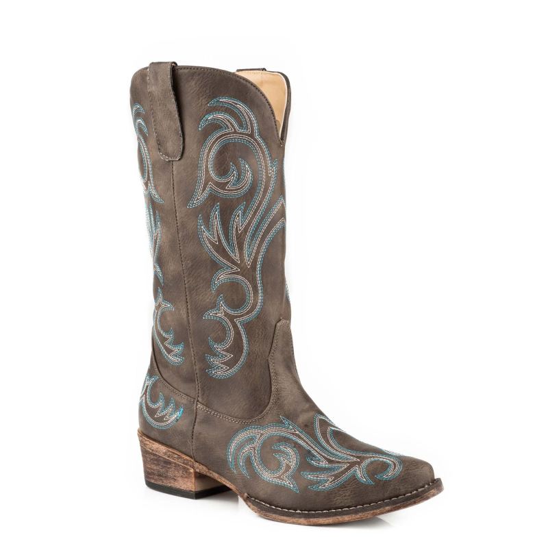 ROPER BOOTS WOMENS FASHION COWBOY BOOT VINTAGE BROWN FAUX LEATHER WITH WESTERN EMBROIDERY-BROWN