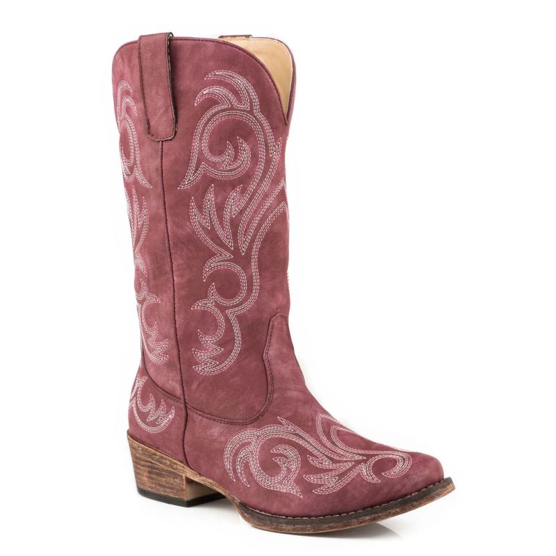 ROPER BOOTS WOMENS FASHION COWBOY BOOT VINTAGE RASPBERRY FAUX LEATHER WITH WESTERN EMBROIDERY-RED