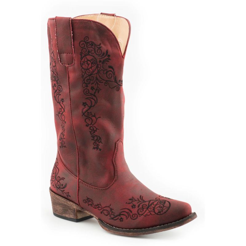 ROPER BOOTS WOMENS FASHION COWBOY BOOT VINTAGE RED FAUX LEATHER AND ALL OVER EMBROIDERY-RED
