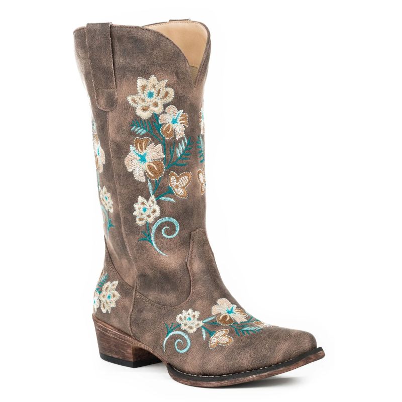 ROPER BOOTS WOMENS FASHION COWBOY BOOT VINTAGE BROWN FAUX LEATHER WITH ALL OVER FLORAL EMBROIDERY-BR