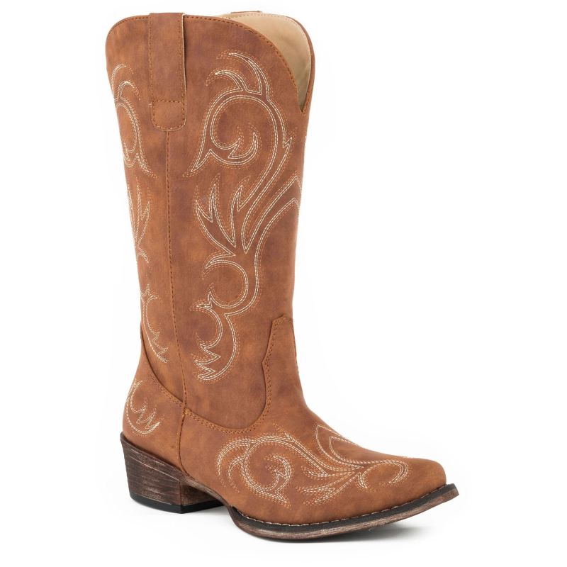 ROPER BOOTS WOMENS FASHION COWBOY BOOT COGNAC FAUX LEATHER WITH ALL OVER EMBROIDERY-TAN