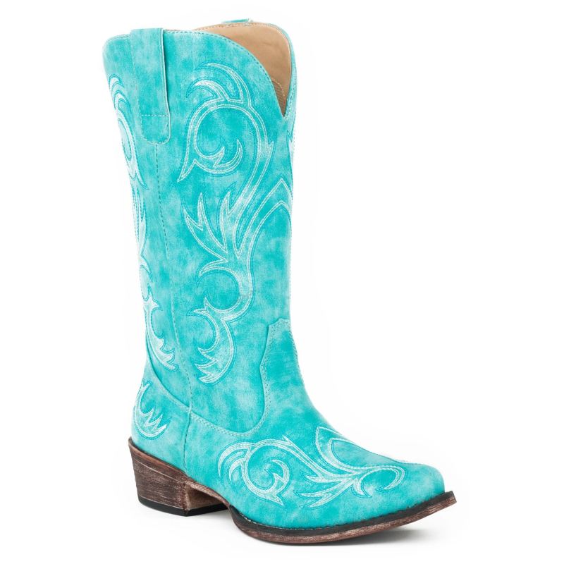 ROPER BOOTS WOMENS FASHION COWBOY BOOT TURQUOISE FAUX LEATHER WITH ALL OVER EMBROIDERY-BLUE