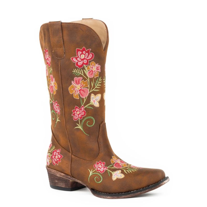 ROPER BOOTS WOMENS FASHION COWBOY BOOT VINTAGE COGNAC FAUX LEATHER WITH ALL OVER FLORAL EMBROIDERY-T