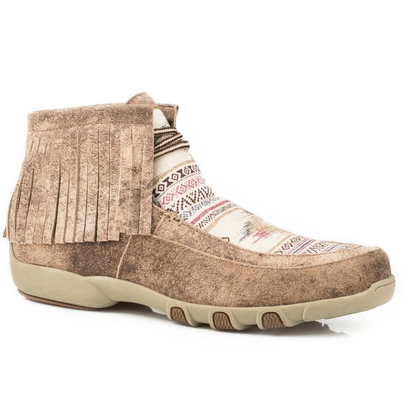ROPER BOOTS WOMENS ANKLE DRIVING MOCASSIN TAN LEATHER WITH MULTI COLORED FABRIC AZTEC VAMP 2 EYELET