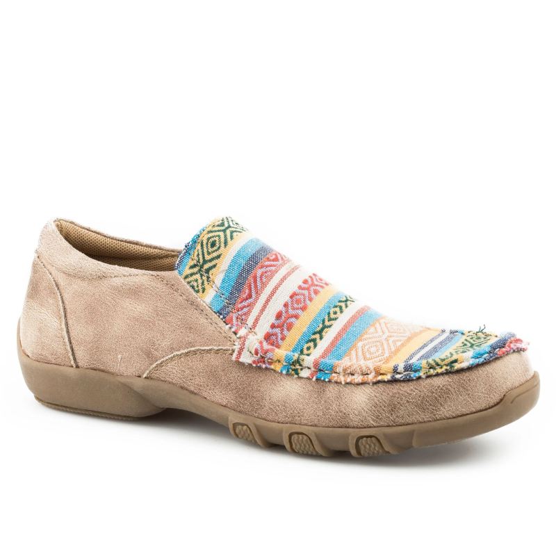ROPER BOOTS WOMENS DRIVING MOCASSIN SLIP ON BEIGE BASE WITH MULTI COLORED VAMP-TAN