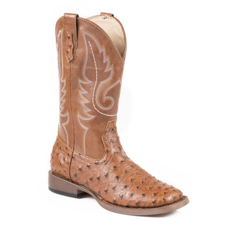 ROPER BOOTS WOMENS COWBOY BOOT FAUX LEATHER TAN UPPER WITH OSTRICH PRINT VAMP-TAN