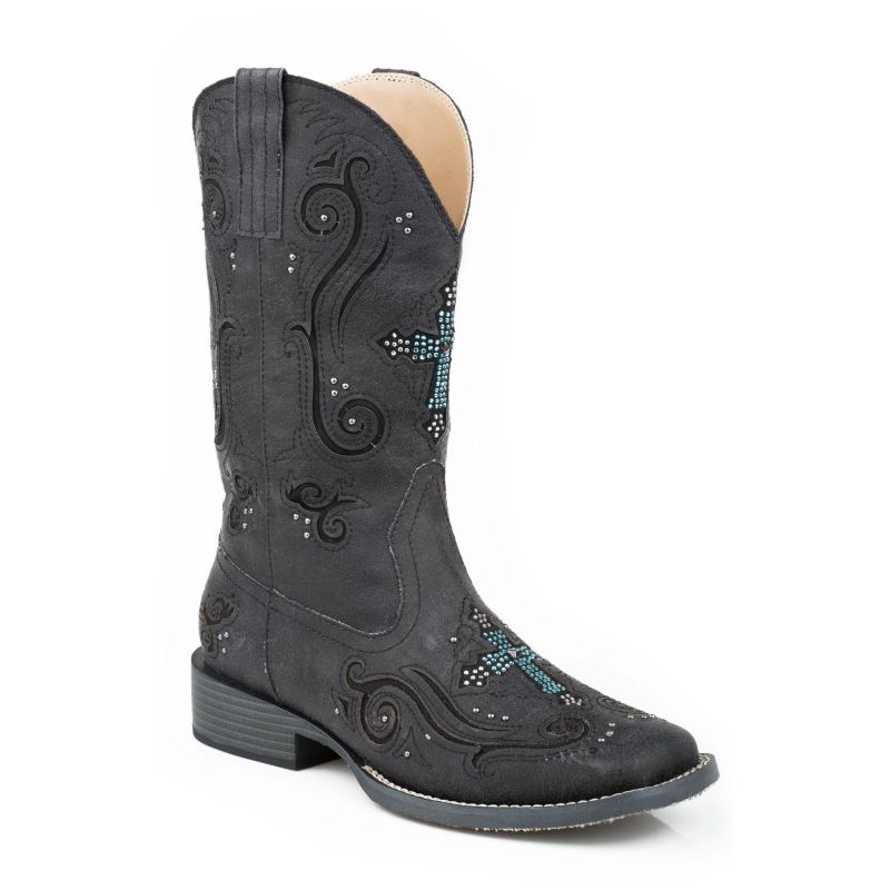ROPER BOOTS WOMENS COWBOY BOOT VINTAGE BLACK FAUX LEATHER WITH CRYSTAL AND CROSS UNDERLAY DESIGN-BLA