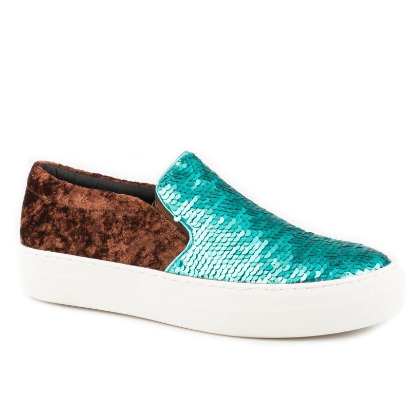 ROPER BOOTS WOMENS ATHLETIC SNEAKER SLIP ON TURQUOISE AND SILVER SEQUINS ON VAMP WITH BROWN VELVET H