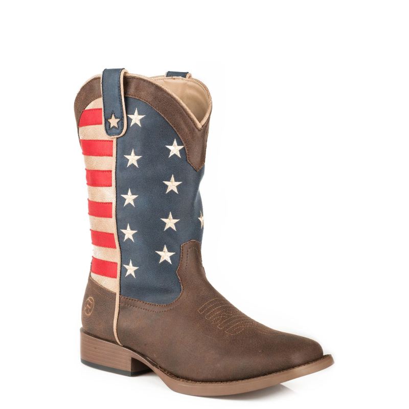 ROPER BOOTS WOMENS COWBOY BOOT VINTAGE BROWN FAUX LEATHER WITH AMERICAN FLAG UPPER-BROWN