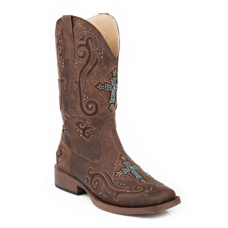 ROPER BOOTS WOMENS COWBOY BOOT VINTAGE BROWN FAUX LEATHER WITH CRYSTAL AND CROSS UNDERLAY DESIGN-BRO