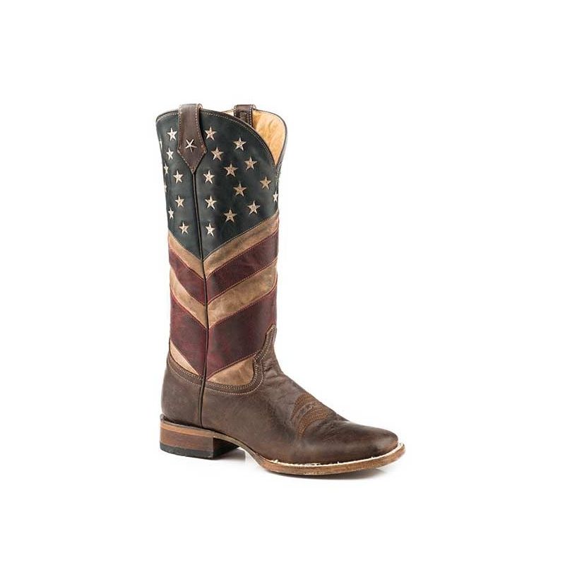 ROPER BOOTS WOMENS AMERICAN FLAG LEATHER COWBOY BOOT BURNISHED TAN RED WHITE AND BLUE-BROWN