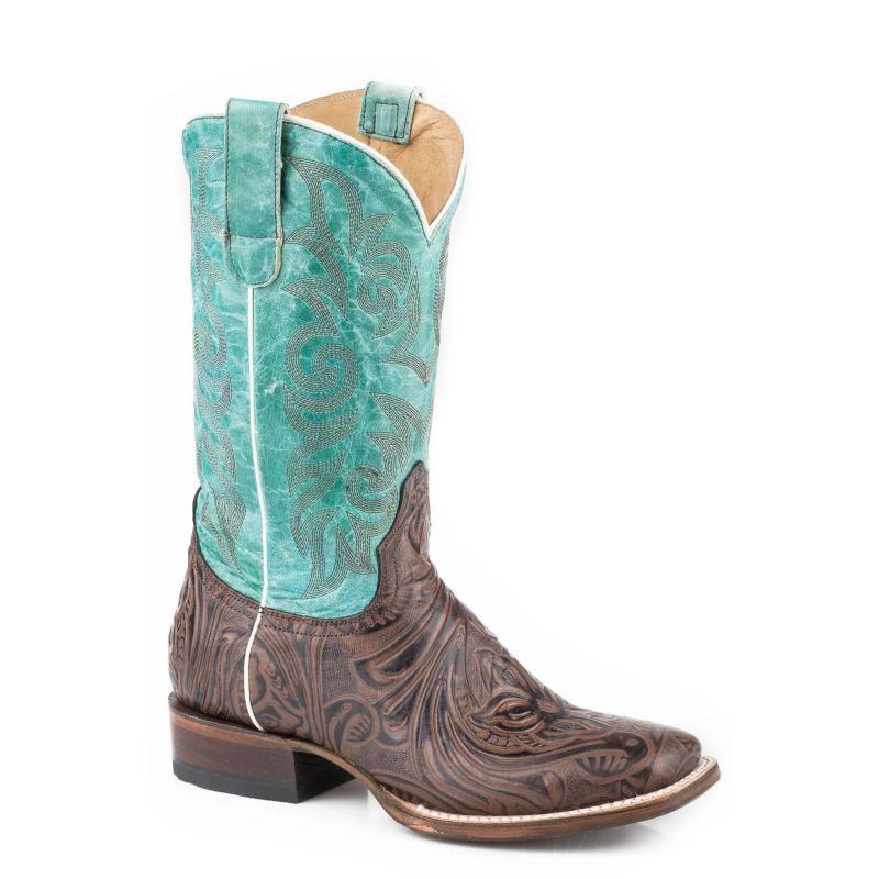 ROPER BOOTS WOMENS BROWN EMBOSSED FLORAL VAMP BOOT WITH TURQUOISE SHAFT-BROWN - Click Image to Close