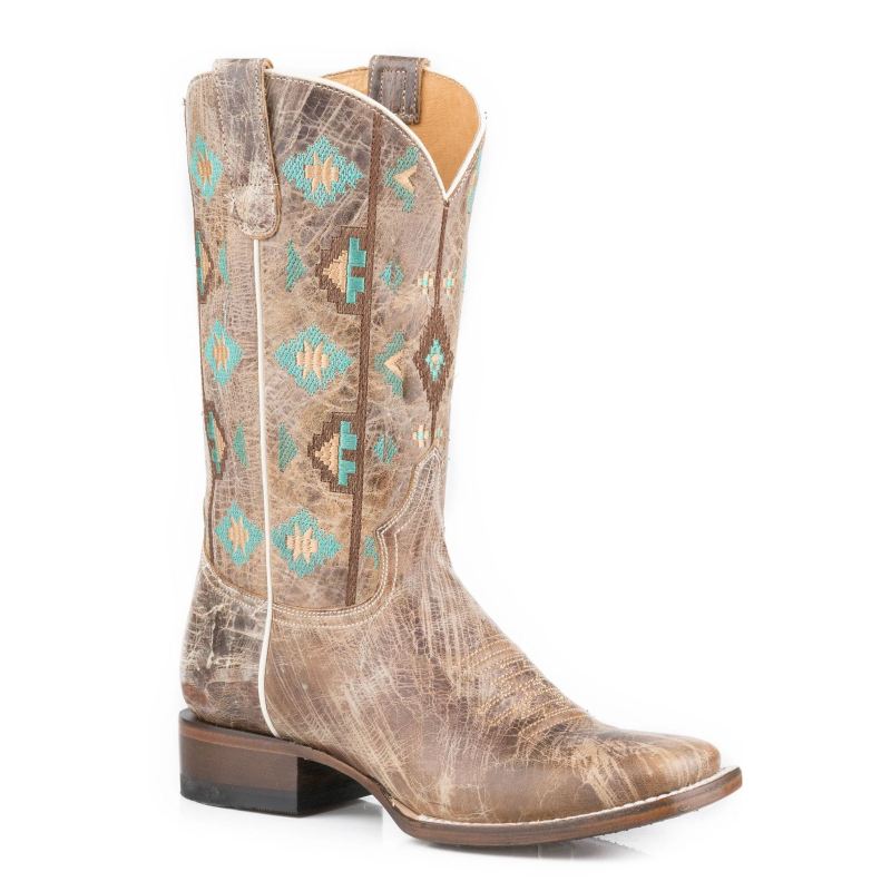 ROPER BOOTS WOMENS BROWN VAMP SHAFT BOOT WITH NATIVE EMBROIDERED SHAFT-BROWN