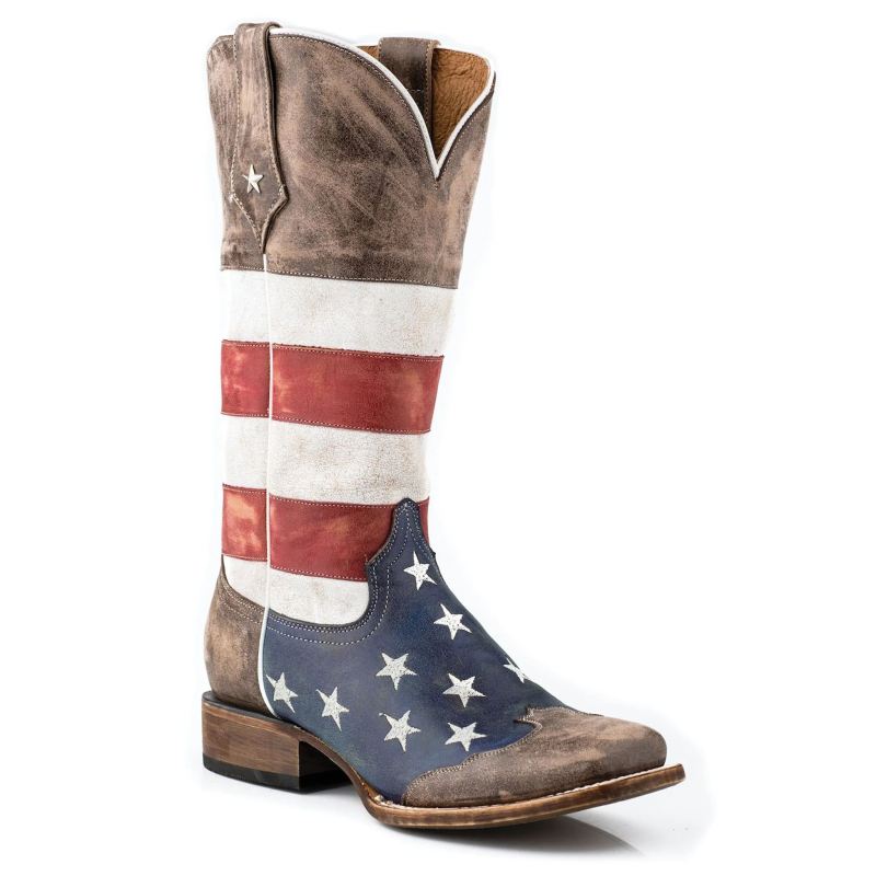 ROPER BOOTS WOMENS AMERICAN FLAG LEATHER TEXAS STAR COWBOY BOOT DISTRESSED BROWN RED WHITE AND BLUE-