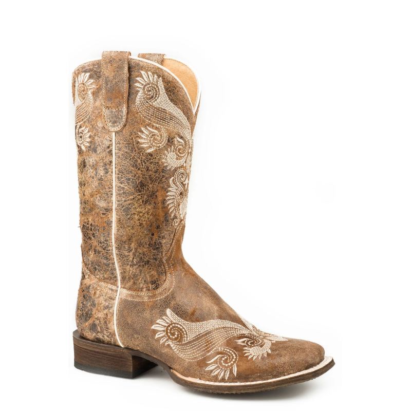 ROPER BOOTS WOMENS LEATHER COWBOY BOOT DISTRESSED BROWN WITH WITH ALL OVER EMBROIDERY-BROWN