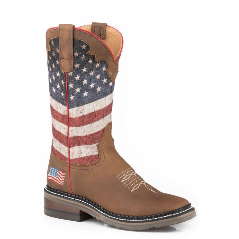 ROPER BOOTS WOMENS OILED BROWN LEATHER VAMP CROWN BOOT WITH PRINTED FLAG DESIGN-BROWN