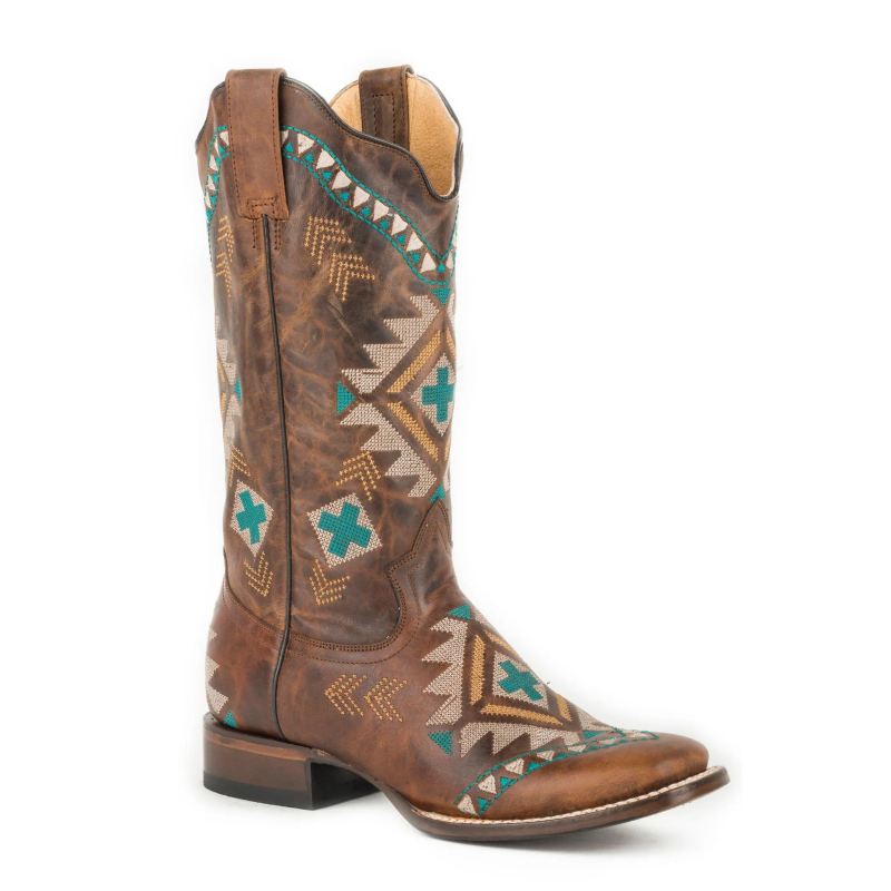 ROPER BOOTS WOMENS LEATHER COWBOY BOOT BURNISHED TAN WITH ALL OVER SOUTHWEST EMBROIDERY-TAN