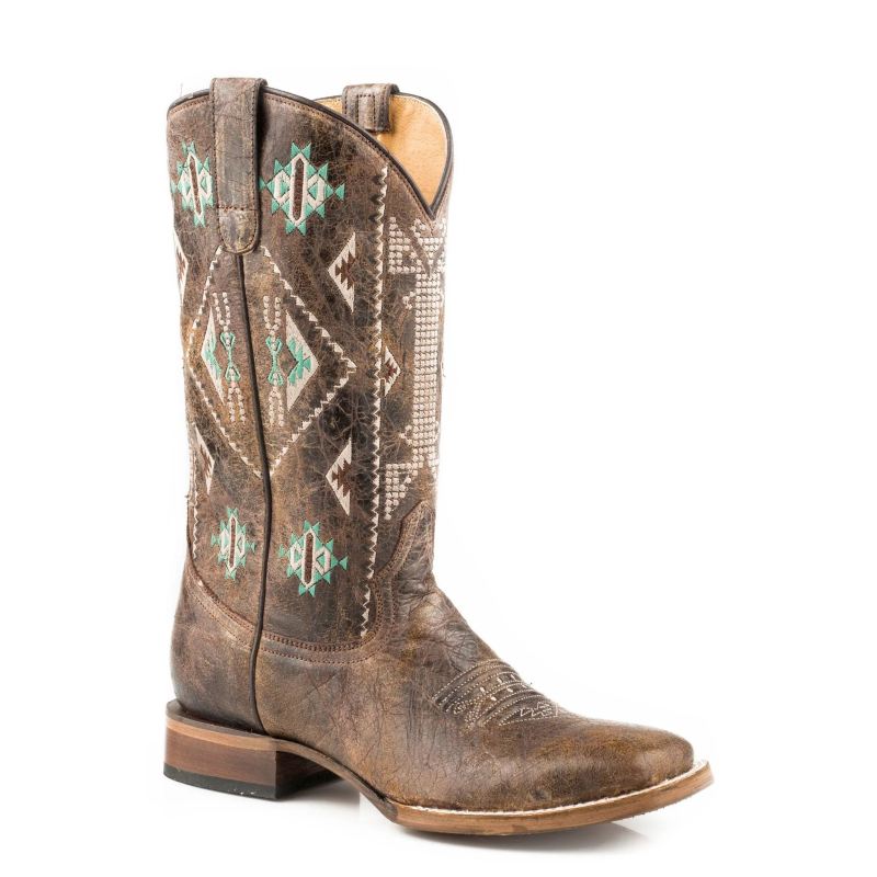 ROPER BOOTS WOMENS LEATHER COWBOY BOOT WAXY BROWN WITH EMBROIDERED AZTEC DESIGN-BROWN