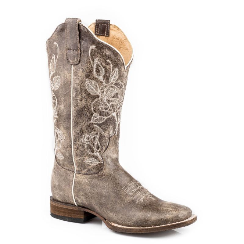 ROPER BOOTS WOMENS VINTAGE BROWN LEATHER VAMP SHAFT FLEXTRA BOOT WITH FLORAL EMBROIDERY ON SHAFT-BRO ROPER BOOTS WOMENS VINTAGE BROWN LEATHER VAMP SHAFT FLEXTRA BOOT WITH FLORAL EMBROIDERY ON SHAFT-BRO
