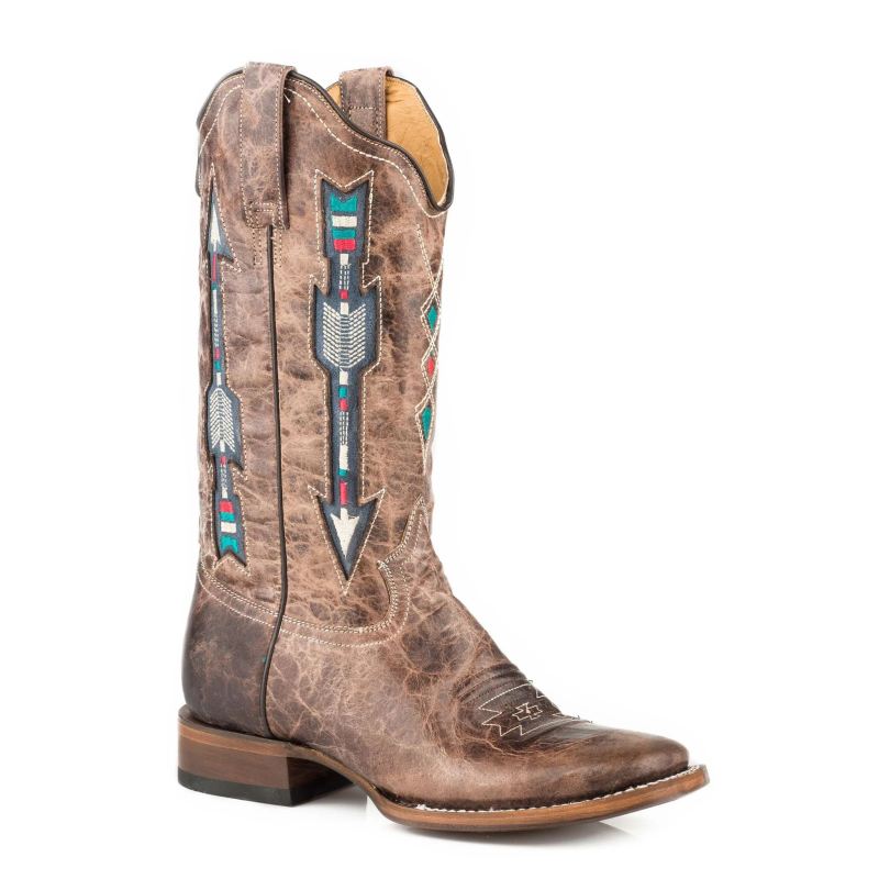 ROPER BOOTS WOMENS LEATHER COWBOY BOOT WAXY BROWN WITH EMBROIDERED ARROW UNDERLAY DESIGN-BROWN