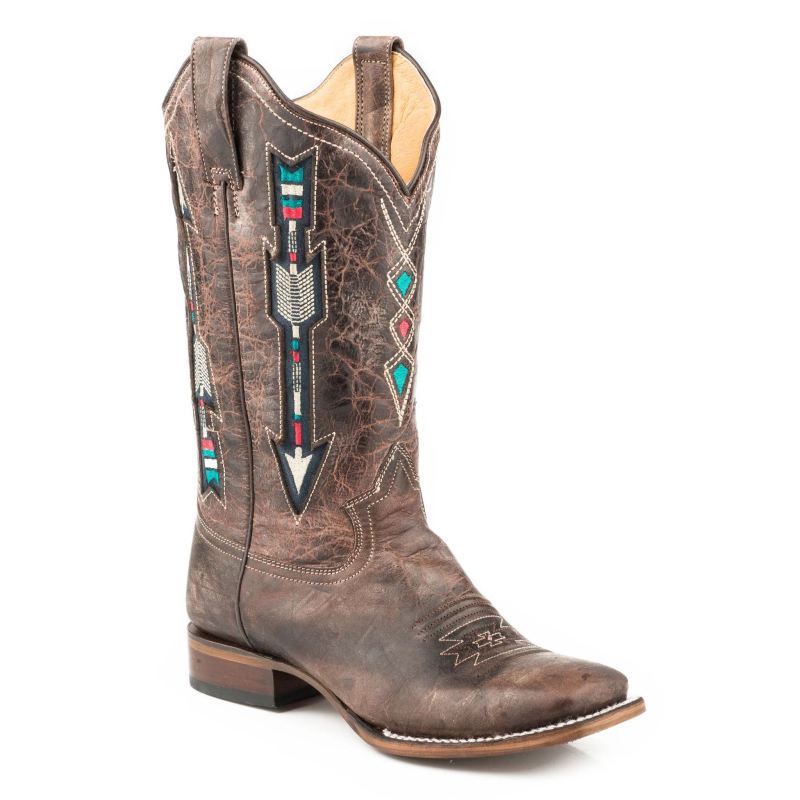 ROPER BOOTS WOMENS WIDE CALF LEATHER COWBOY BOOT WAXY BROWN WITH EMBROIDERED ARROW UNDERLAY DESIGN-B