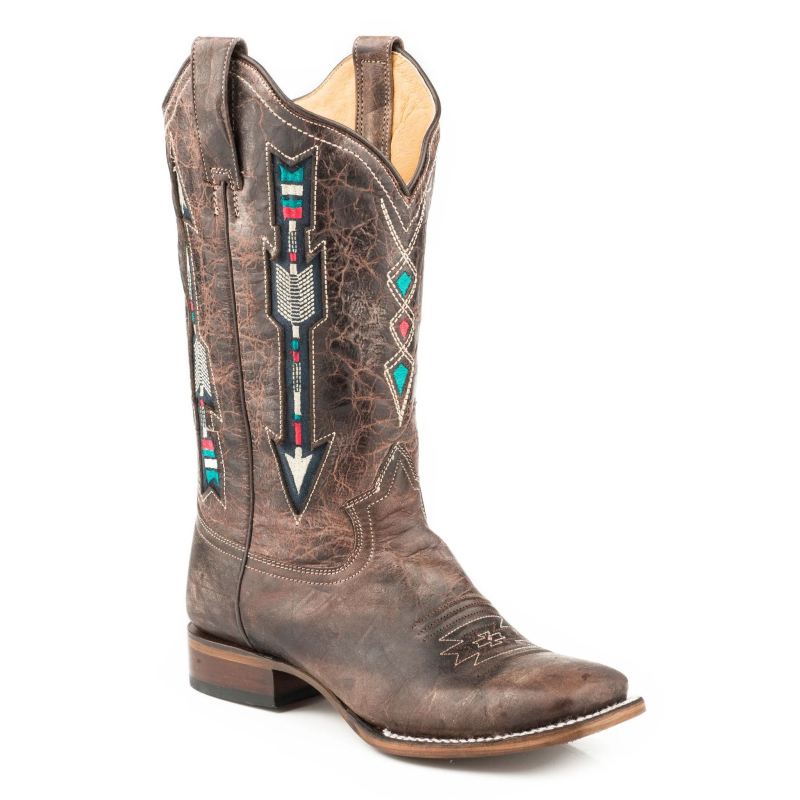 ROPER BOOTS WOMENS WIDE CALF LEATHER COWBOY BOOT WAXY BROWN WITH EMBROIDERED ARROW UNDERLAY DESIGN-B ROPER BOOTS WOMENS WIDE CALF LEATHER COWBOY BOOT WAXY BROWN WITH EMBROIDERED ARROW UNDERLAY DESIGN-B